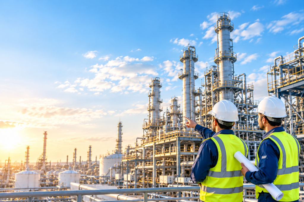Engineers overlooking refinery and industrial plant facilities